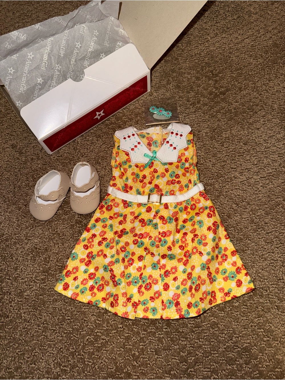 American Girl Yellow Floral Dress with White Belt & Beige Shoes